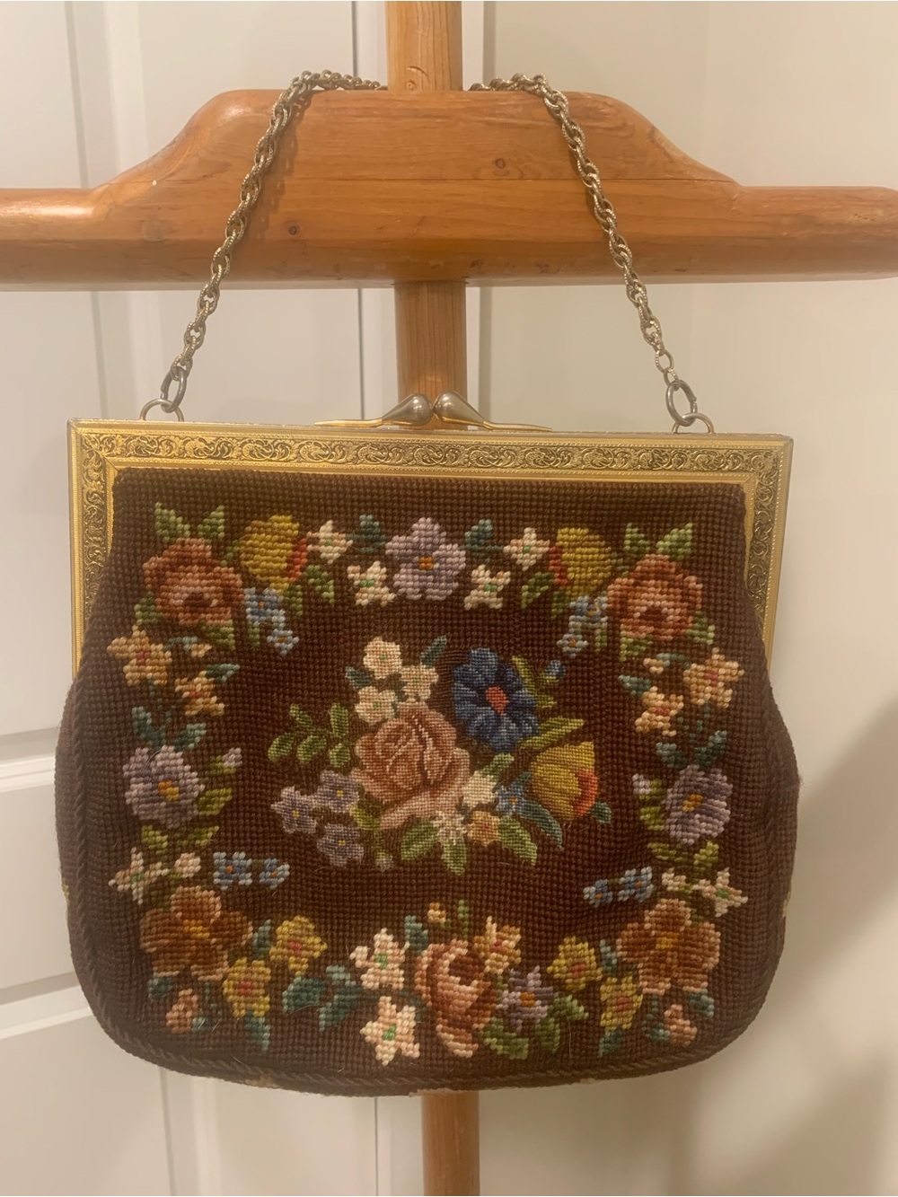 Vintage Brown Floral Needlepoint Tapestry Handbag Purse with Gold Frame